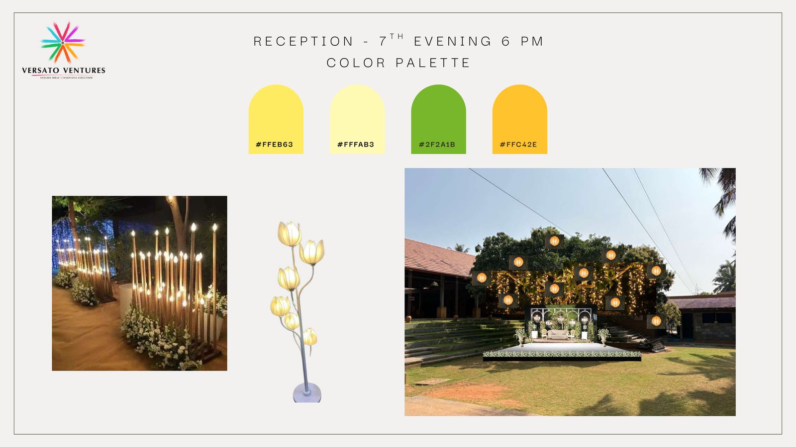 Reception colour palette moodboard with fairy lights by Versato Ventures, Bengaluru